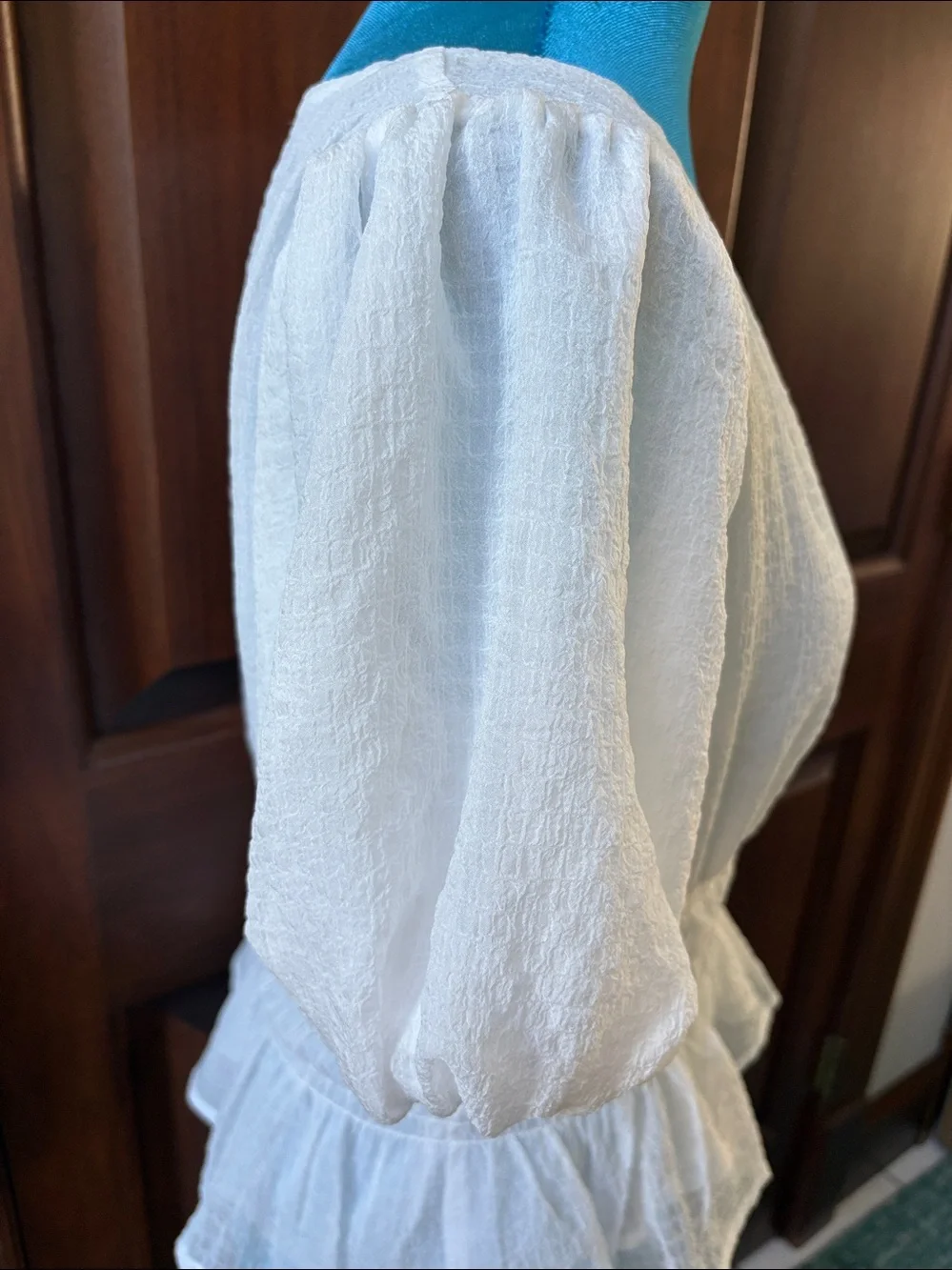 ASTR  Sheer Textured V-Neck Peplum Blouse with Puff Sleeves  white   lined  NWOT